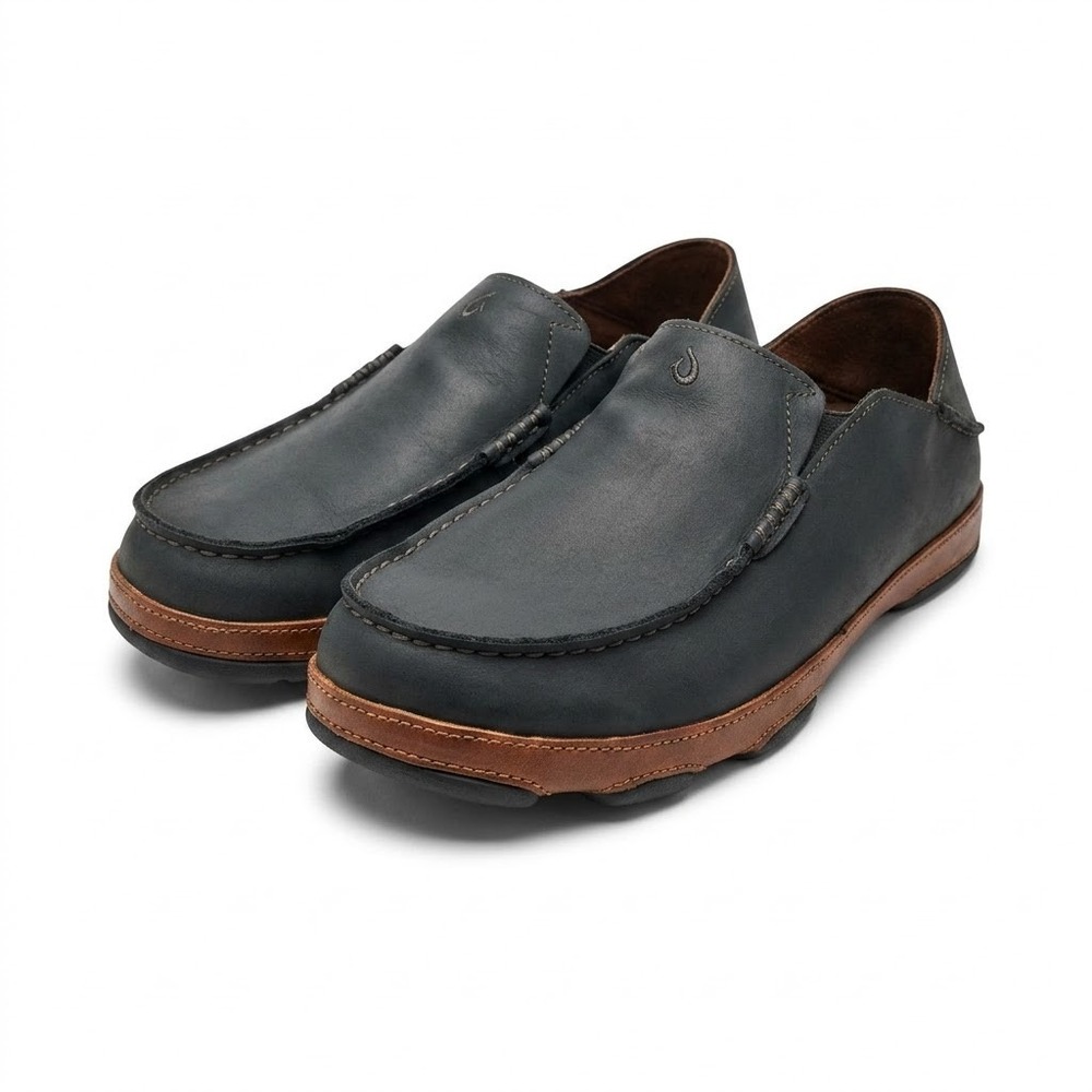 OluKai Moloa Mens Size 11 Black Leather Slip On Loafer Shoes 10128-4033 Moccasin